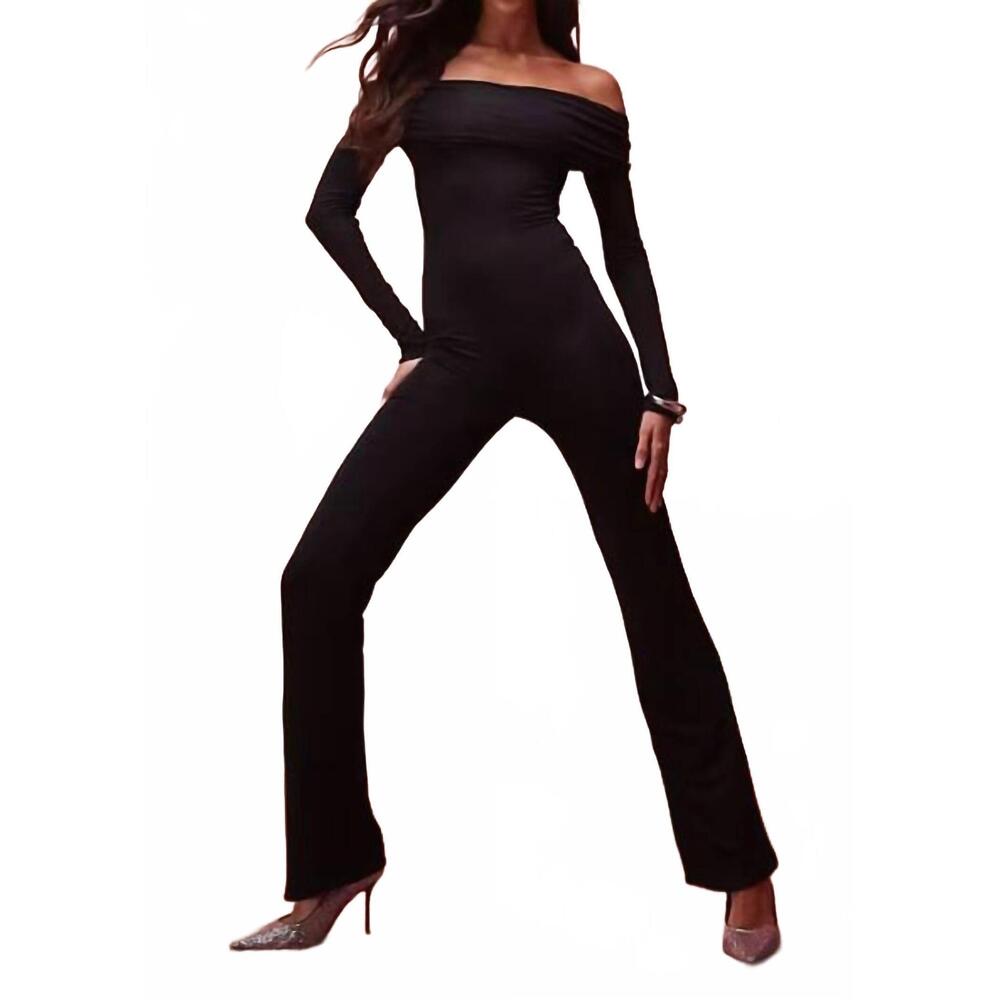 NEW OH POLLY agnesa modal off shoulder ruched jumpsuit in black